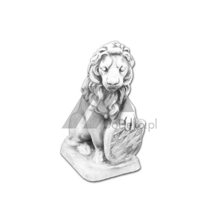 Konkreter kleiner Löwe mit einem Schild links